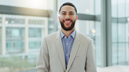 Canvas Print - Portrait, business man or smile in office for professional job, pride or confident in accounting agency in Saudi Arabia. Happy corporate employee, expert entrepreneur or accountant working in company