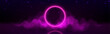 Pink neon light glow circle with smoke background. Futuristic fog effect with led ring design template. Music or sport abstract glowing vector graphic banner with smoky cloud and laser round frame