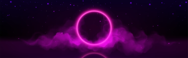 Wall Mural - pink neon light glow circle with smoke background. futuristic fog effect with led ring design templa