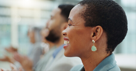 Canvas Print - Happy business woman, team and workshop seminar in meeting or staff training together at office. Face of African female person, audience or employee smile in teamwork or group conference at workplace