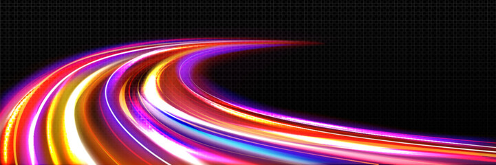 Wall Mural - Fast line effect, speed motion light background. Dynamic road movement with red, yellow and pink color blur. Streak flare highway design with long exposure glow. Bright digital race velocity pattern