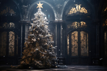 Wall Mural - christmas tree with books inside an old castle