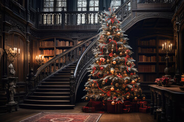 christmas tree with books inside an old castle