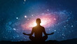 © dimazel - Silhouette of human sitting on stars background. Woman yoga pose. Meditation in yoga. Psychology and relax. Nightly starry space landscape. Success and motivation. Lifestyle and freedom concept.