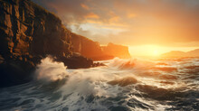 Majestic Coastal Cliffs Bathed In Golden Sunlight, Overlooking The Vast Expanse Of The Ocean As Waves Crash Against The Rugged Shore. Ai Generated.NO.01