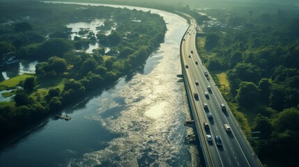 Wall Mural - Aerial Perspective: Vehicles Gracefully Crossing the Lagoon and River Along the Roadway