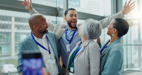 Poster - Celebration, business people and happy at a conference with teamwork and motivation in office. Discussion, staff and collaboration with professional team at a seminar with workforce and agreement