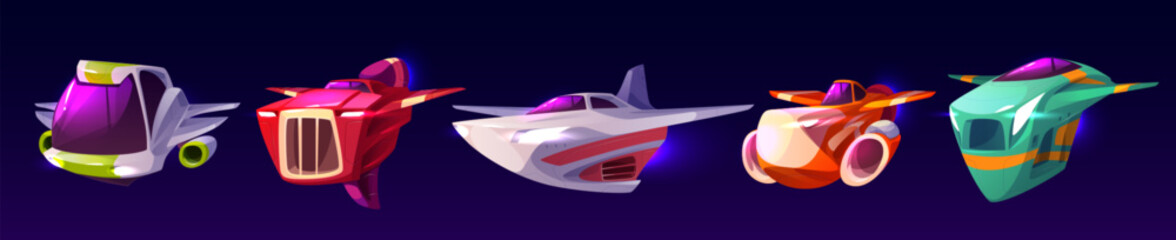 Wall Mural - Fantasy spaceship for video game assets. Cartoon vector illustration set of alien cosmic starship with childish design. Flying futuristic or ufo shuttle for space travelling and planets exploration.