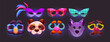Set of carnival fest masks isolated on black background. Vector cartoon illustration of masquerade party costume elements for face decorated with feather, glasses, clown nose, moustache, animal muzzle