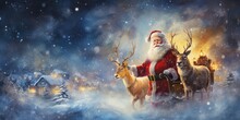 Santa Claus Gifts In Winter December Christmas Holiday Santa Claus Sleigh The Reindeer Night Is Cold At Night By Generative AI