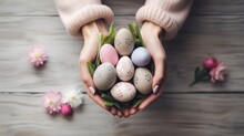 Female Hands Holding Basket Of Colorful Pastel Eggs On Bright Background. For Easter Day, Birthday, Mother's Day. Artwork Design. Copy Text Space.