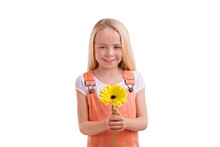 Fashion, Casual And Portrait Of Girl With Flower For Surprise, Gift Or Present For Love Or Valentines Day. Cute, Model And Young Child With Yellow Floral Plant Isolated By Transparent Png Background.