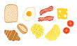 Set of breakfast foods. Hand drawn vector illustration.	
Toast, fried egg, bacon, cheese, omelette, scramble egg, tomato. 