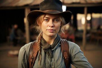 portrait of young beautiful woman in cowboy clothes and hat against the background of wild west sett