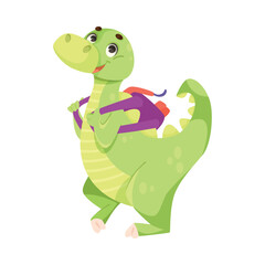 Sticker - Green Dragon Going to School with Backpack Vector Illustration