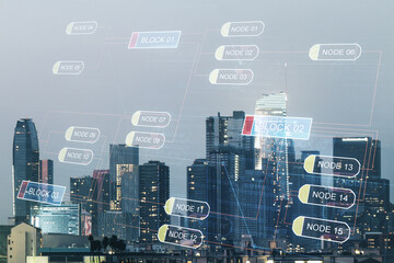 Wall Mural - multi exposure of abstract creative coding sketch on los angeles city skyline background, artificial