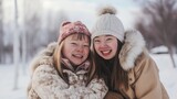 Fototapeta Las - Portrait of Young, beautiful, smiling and happy girls friends with Down syndrome in jackets against the backdrop of a winter, snowy landscape.