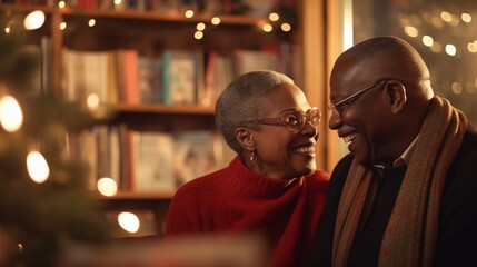 A content senior African American couple at a book club meeting in a cozy library, both deeply engrossed in an animated discussion