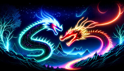 outline pair of dragon drawn with neon light, at night; graphic design concept;