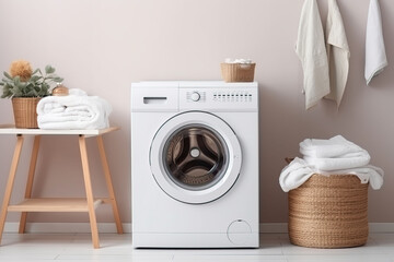 Laundry room interior with washing machine and basket with clean towels and accessories