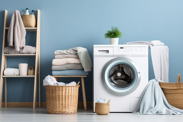 Laundry room interior with washing machine and basket with clean towels and accessories