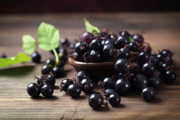 Wall Mural - Black currant berries on wooden table. Green harvest sweet ingredient. Generate Ai