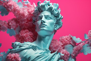 Antique greek bust on a neon background. Fashion wallpaper.