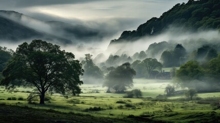 Wall Mural - silent valley wood fog landscape illustration forest mist, tree beautiful, natural scenic silent valley wood fog landscape