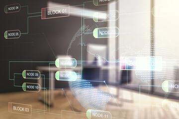Wall Mural - abstract creative coding illustration with world map and modern desktop with pc on background, inter