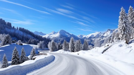 Wall Mural - blue nature road alpine landscape illustration tourism winter, background sky, cold alps blue nature