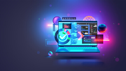 Leinwandbilder - Software development technology. Web design, programming coding concept. Program code on screen laptop, code of program, data, interface elements on screen laptop. Software development tech concept.