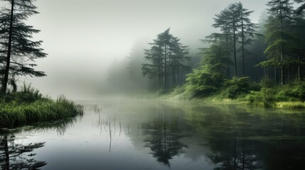 Wall Mural - gy reflection plant fog landscape illustration morning nature, tree water, sky natural gy reflection plant fog landscape