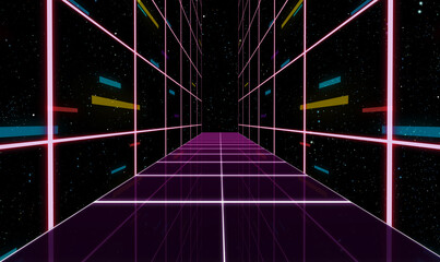 Wall Mural - retro sci-fi background futuristic grid landscape of the 80`s. digital cyber surface. suitable for d