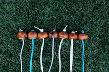 Accessories For Conkers Game On The Artificial Lawn. Conkers Is A Traditional Children's Game In Great Britain And Ireland Played Using Seeds Of Horse Chestnut Trees