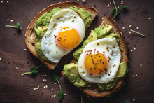 Top View Of Healthy Breakfast Toast With Avocado And Egg