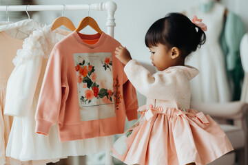 A toddler girl in a pink skirt touches a flower-printed dress on a clothing rack