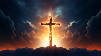 Wall Mural - Christian cross appears bright in the sky background