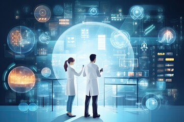 Sticker - Two doctors in white coats standing in front of glowing medical interface, Medical Healthcare Research and Development Concept, AI Generated