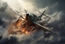 World War Two Fighter Jet In The Sky. 3D Illustration, Military Plane Crashes In A Storm, AI Generated