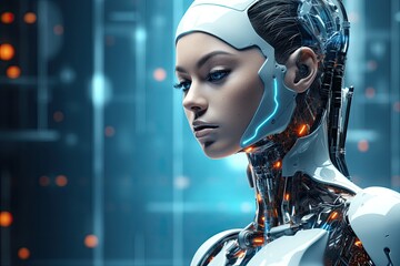 Wall Mural - Cyborg woman in front of futuristic background. 3D rendering, Modern AI robot close up view portrait on a digital background, AI Generated