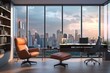 Luxury office interior with city view. 3D Rendering, Modern home office interior with furniture, computer and city view. 3D Rendering, AI Generated