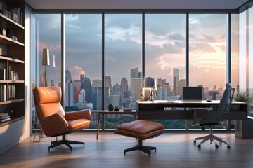 Sticker - Luxury office interior with city view. 3D Rendering, Modern home office interior with furniture, computer and city view. 3D Rendering, AI Generated