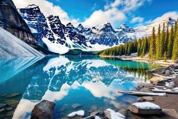 Sticker - Glacier National Park, Montana, USA. Reflection of mountains and lake, Moraine lake panorama in Banff National Park, Alberta, Canada, AI Generated