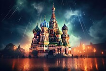 St. Basil's Cathedral On Red Square At Night, Moscow, Russia, Moscow St. Basil's Cathedral Night Shot, AI Generated