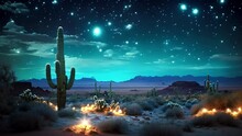 A Bright Starry Night Sky Over The Desert, With The Only Source Of Light Coming From The Cacti Adorned With Ling Lights, Creating A Mesmerizing And Peaceful Atmosphere.
