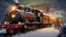 Closeup Of A Vintage Train Chugging Along A Snowy Track, Adorned With Festive Wreaths And Ling Lights.