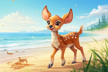 Wall Mural - cartoon illustration of a cute deer on the beach