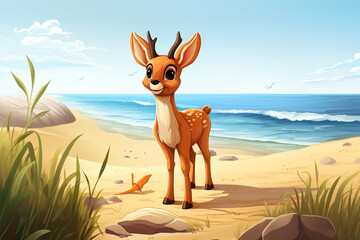 Wall Mural - cartoon illustration of a cute deer on the beach