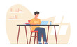 Concept of gaining knowledge online, young guy is being trained using laptop computer. Boy in headphones sitting at desk and doing homework with computer. png cartoon flat illustration