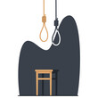 Concept of stalemate and deadlock, stool and knot for hanging. Loop deaf, scaffold node, Lynch loop, tightens noose. Mental illness, depression. Cartoon flat isolated png suicide illustration